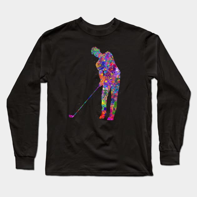 Golf player man watercolor art Long Sleeve T-Shirt by Yahya Art